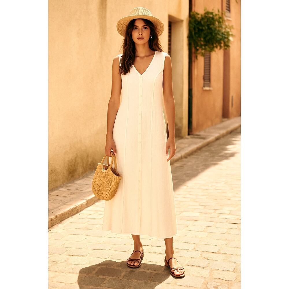 Sezane Vintage M Embroidered Button Front Midi Dress Rayon Cottagecore White